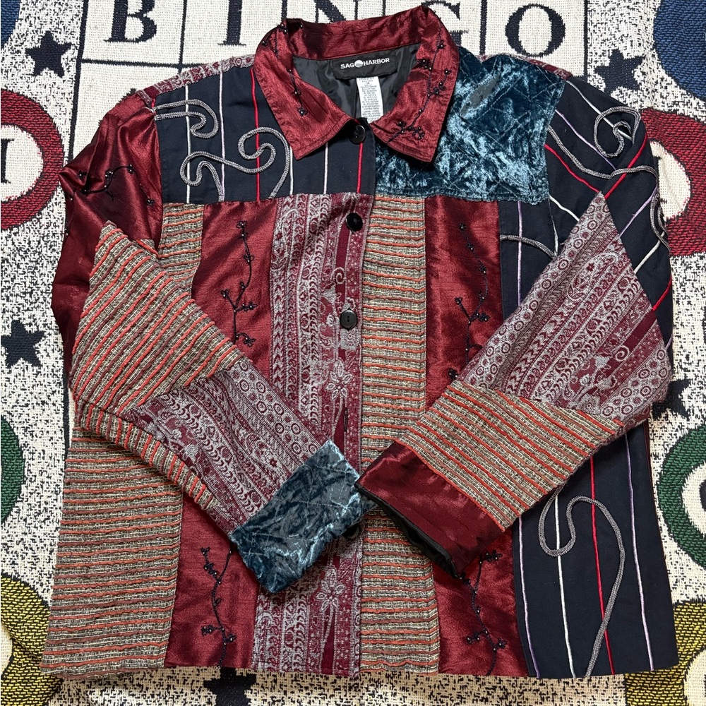 Vtg Saf Harbor Patchwork Burgundy Blazer, Suze 16/ Men’s medium
